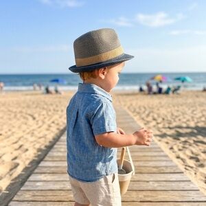 Janie and Jack Blue Chambray and Tan Fedora Hat, size 12-24 months